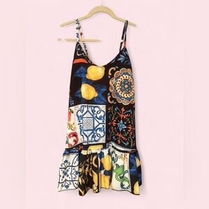 Lemon & Tile Patchwork Spaghetti-Strap Mini Dress